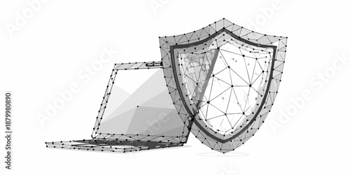 Digital security concept featuring a laptop and protective shield illustration