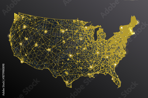 Golden network of connections across the united states glowing on a dark background