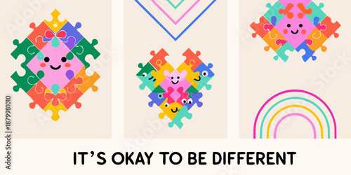 Colorful puzzle pieces forming shapes emphasizing diversity and acceptance