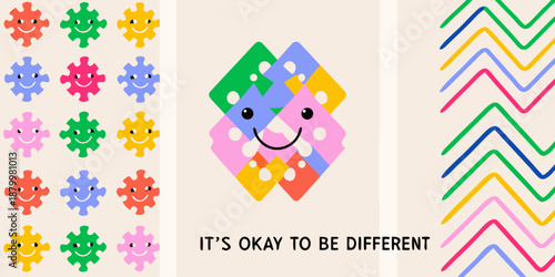a colorful puzzle piece collage with a smiley face and cheerful patterns