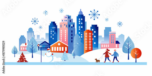 A festive winter cityscape with people and snowy trees in the foreground