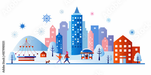 Winter cityscape illustration featuring buildings people and snowy holiday details