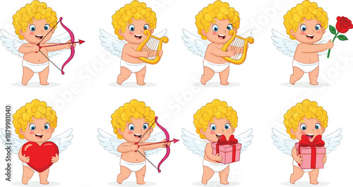 Cute cartoon Cupid character set for Valentine's Day featuring little angels with bows harps hearts and gifts isolated on white background vector illustration