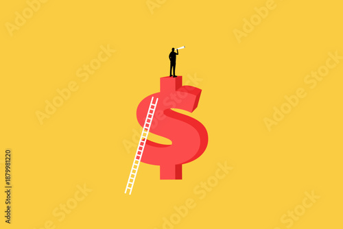 Businessman with binocular standing on dollar sign using telescope to see future prediction. Vision for global financial or economy, business opportunity or investment forecast