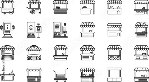 Collection of Street Market Stall Icons Including Food Carts, Retail Kiosks, Information Booths, and Mobile Vendor Stands in Minimalist Black Line Art Vector Style.