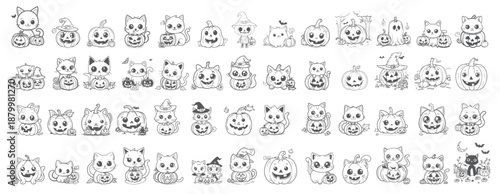 Minimalist Black and White Halloween Cat Clip Art Set