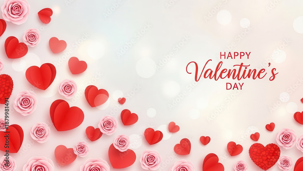 Obraz premium Festive valentine's day background with charming hearts and delicate pink roses