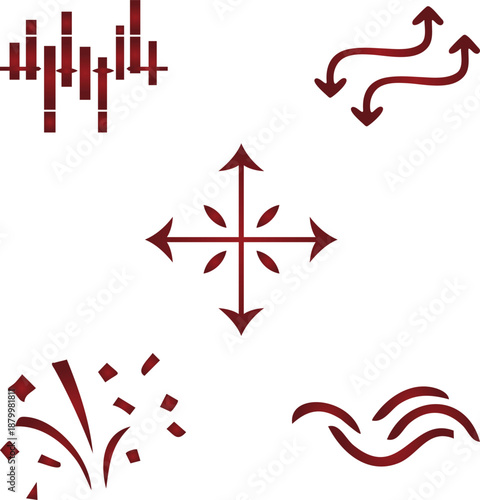 Red arrows and symbols including candlestick chart curved arrows cross arrows fireworks and waves isolated on transparent background