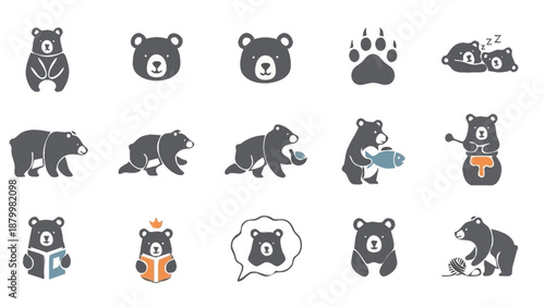 Collection of cute bear illustrations in various poses and activities.