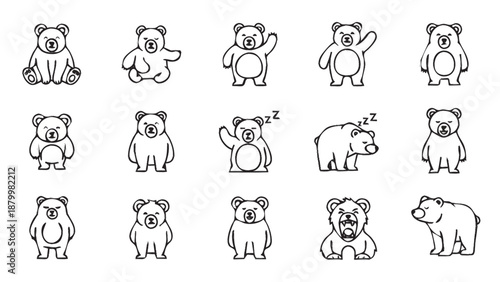 Collection of cute cartoon bear illustrations in various poses.