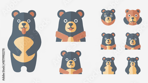 Collection of cute cartoon bears in flat design style.