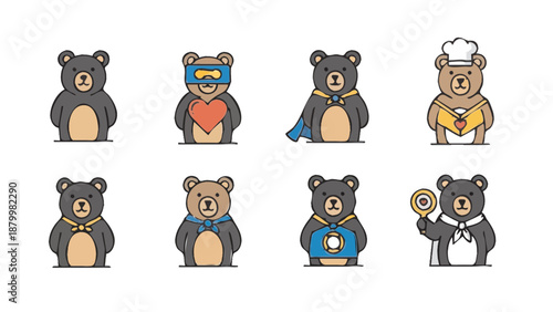 Collection of cute cartoon bears in various costumes and professions.