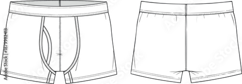 Mens Underwear Boxer Briefs Vector Illustration Front and Back View Technical Sketch Flat Mockup for Fashion Design and Apparel Templates