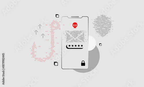 Phishing attack concept via smartphone with binary code hook and shield icons. Professional flat vector representing mobile data protection, hacker threats, and private information security. Beware
