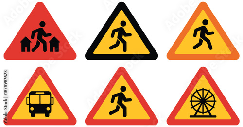 Road warning signs for pedestrians and vehicles, traffic caution symbols, vector illustrations for road safety, traffic management, navigation, and public awareness design projects.