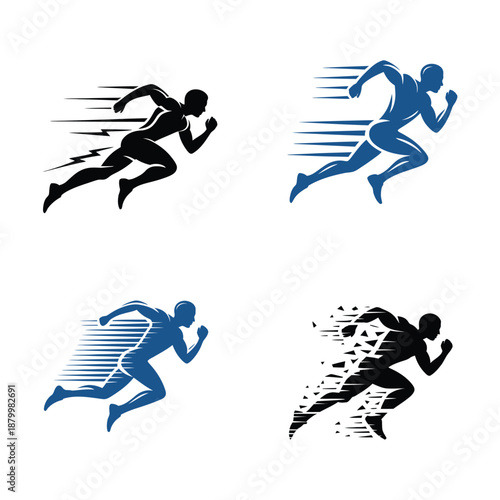 Dynamic running man silhouette vector set, fast sprinting figures with speed lines for sport motion velocity progress concept, athletic action design illustration.