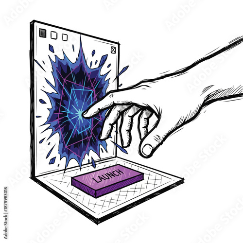 Hand pressing a purple launch button on a laptop screen that is exploding with digital energy