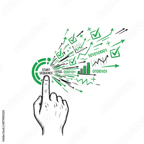 Hand pressing start sequence button, launching data analysis, charts, graphs, binary code, and checkmarks