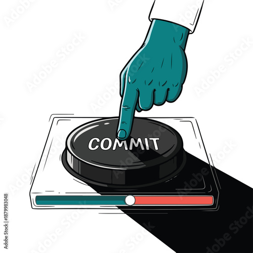 Hand wearing a glove presses a large black button labeled COMMIT, with a progress bar below.