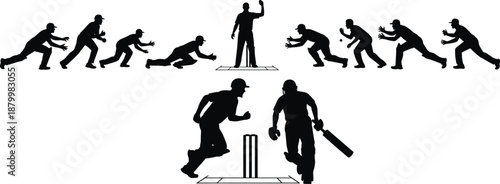 Cricket Fielding and Umpire Silhouettes Collection Featuring Players Catching Running Between Wickets and Umpire Signaling Out Isolated on White Background Vector