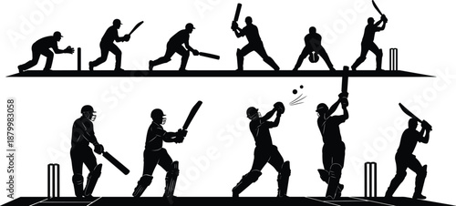 Set of Cricket Player Silhouettes Featuring Batsmen Playing Various Shots and Wicket Keepers Action Poses Isolated on White Background Vector Illustration