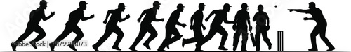 Collection of Cricket Player Silhouettes Featuring Professional Fielders Catching Running Batsmen and Umpires Signaling Decisions Isolated on White Background Vector Illustration
