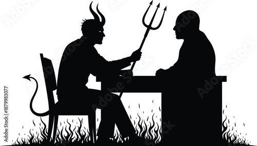 Devil Silhouette Holding Pitchfork Sitting at Desk Interviewing or Negotiating with Man Above Hell Fire Flames Isolated on White Background Vector