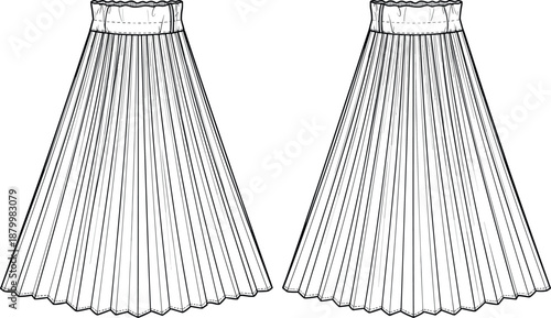 Pleated Midi Skirt Technical Fashion Illustration Vector Template with Elastic Waistband and Sunray Accordion Pleats for Garment Design and Tech Packs