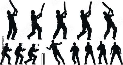 Large Collection of Cricket Player Silhouettes Featuring Batsmen Hitting Different Shots and Fielders in Action Poses Isolated on White Background Vector