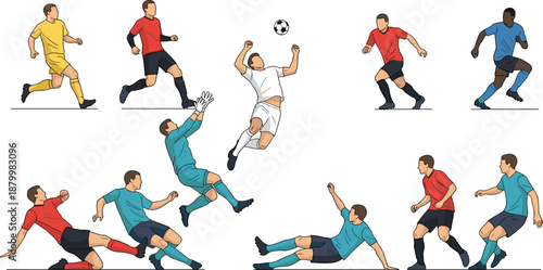 Set of Soccer Players in Action Poses Including Sliding Tackles Heading the Ball and Goalkeeper Diving Isolated on White Background Vector Illustration