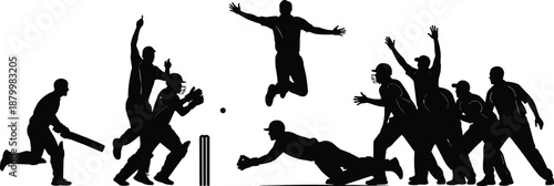 Black Cricket Player Silhouettes Celebrating Match Victory with Batsman Wicketkeeper and Fielders in Action Poses Isolated on White Background for Design