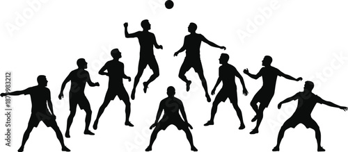 Set of Professional Soccer Players in Black Uniforms Running and Action Poses with Goalkeeper and Ball for Sports Design Elements
