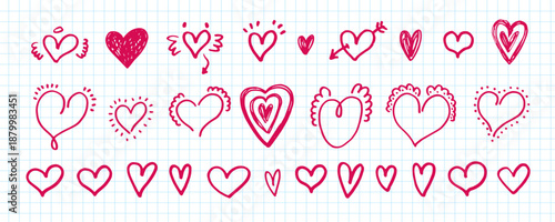 Doodle pink hearts set. Decorative line art style hearts. Cute heart. Vector symbol of love. 