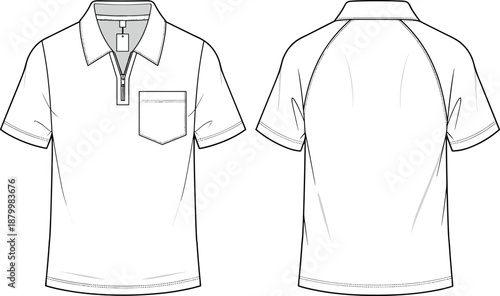 Technical Fashion Flat Sketch of a Men's Short Sleeve Quarter Zip Polo Shirt with Raglan Sleeves and Front Chest Pocket.
