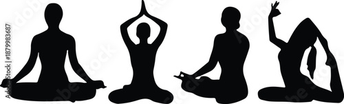 yoga meditating woman black four icon set vector silhouette lotus position illustration 