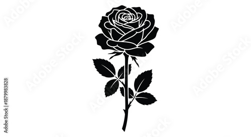 A striking black floral depiction showcases a single rose with delicate petals and leaves presented as a bold silhouette high quality