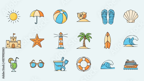 Collection of Summer Beach Vacation Icons and Symbols.