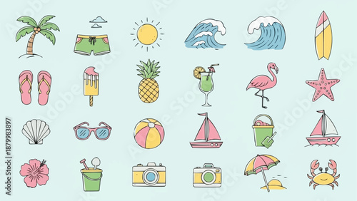 Collection of Summer Beach Vacation Icons and Symbols.