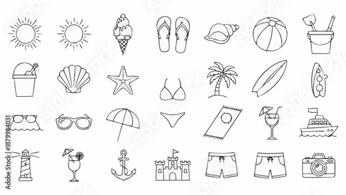 Collection of hand-drawn summer vacation and beach icons.