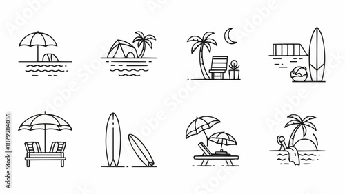Collection of Simple Line Art Beach and Summer Icons.