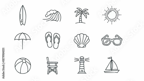 Collection of hand-drawn summer beach icons and symbols.