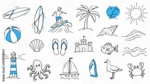 Collection of hand-drawn beach and summer vacation icons.