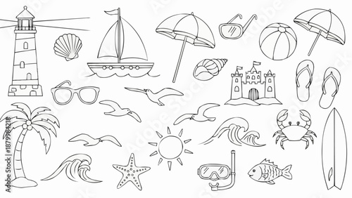 Collection of Summer Beach and Ocean Themed Line Art Illustrations.