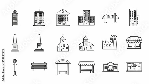 Collection of City Buildings and Structures Line Art Icons.
