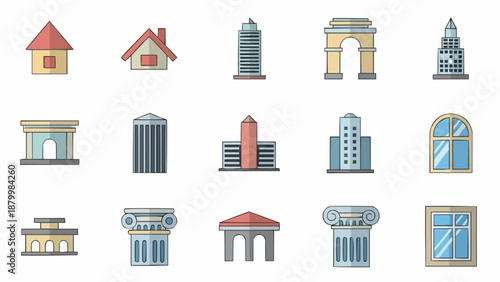 Collection of diverse architectural building icons and elements.