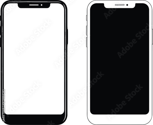 Two smartphones with different screen displays side by side on a clean and simple background from a front viewpoint showcasing modern technology