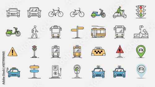 Collection of transportation and traffic icons.