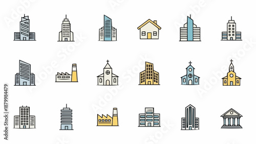 Collection of Diverse Building Icons.