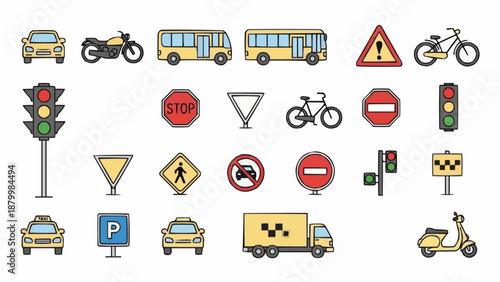 Collection of Transportation Icons and Traffic Signs.