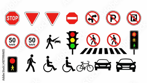 Collection of Road Signs and Traffic Signals.